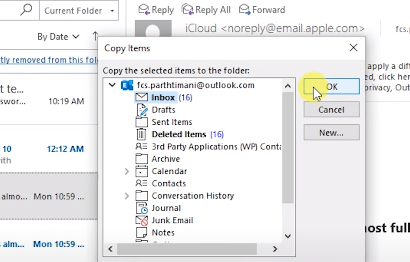 choose Inbox or any other corresponding folders in Outlook and then click Ok