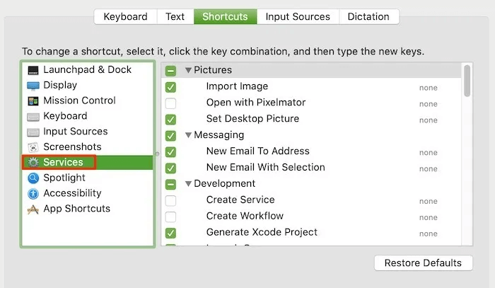 Choose Services from the left column of the second window.