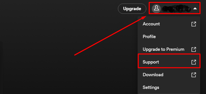 Choose Support from the displayed drop-down menu