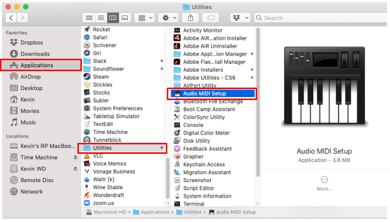 Go to the “Application,” find the “Utilities” option on the left-side list, and then “Click on the “Audio MIDI Setup