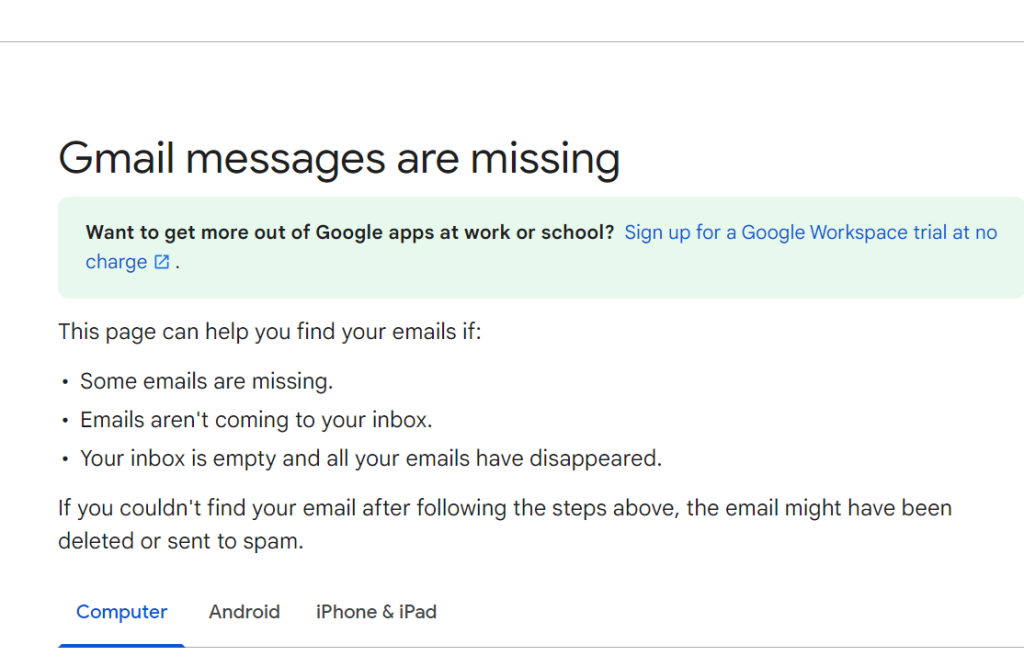 Google's Gmail Message Recovery page