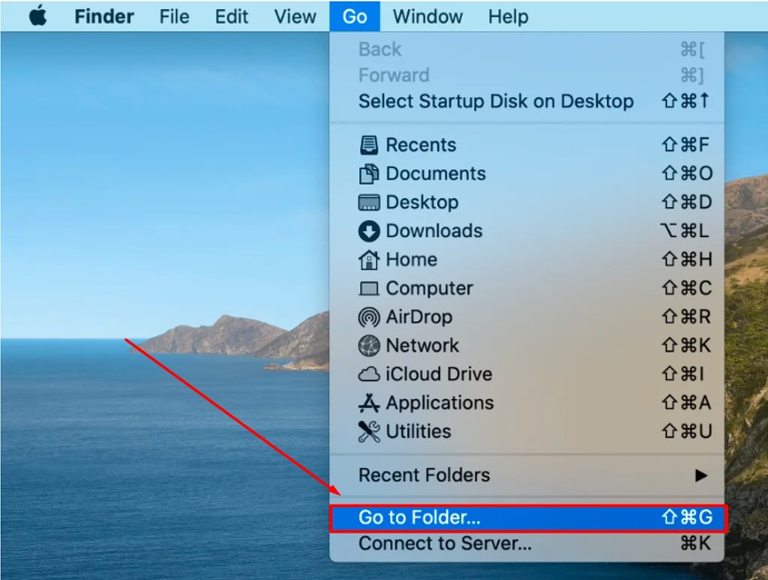 Move to the “Go” tab, and select the “Go to Folder”