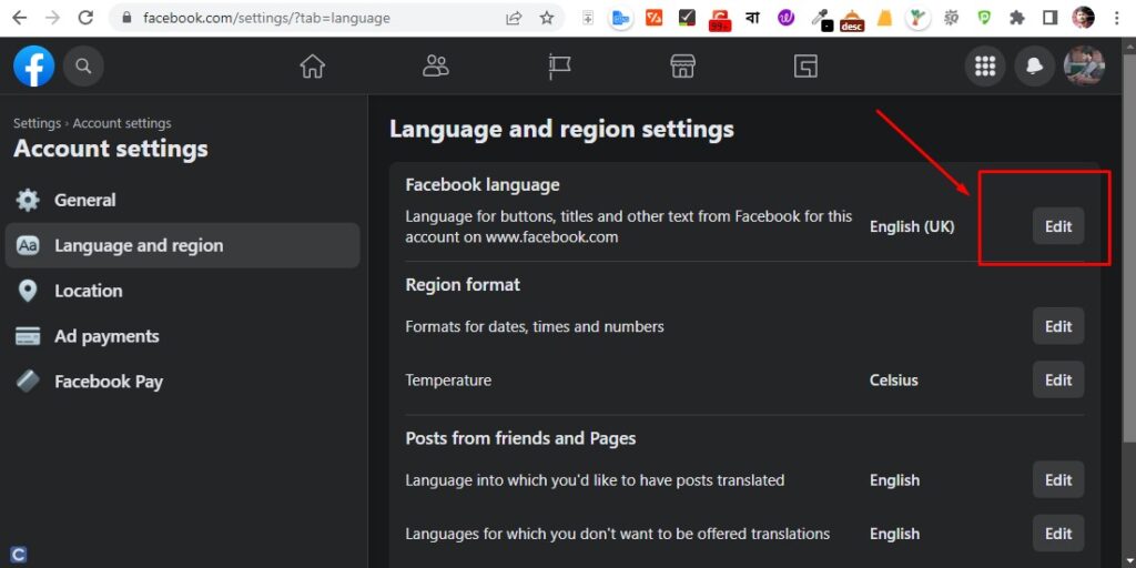 Now click on the “Edit” button in the “Facebook language” option