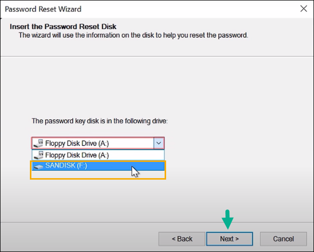 Select the password reset disk USB from the drop-down and click Next