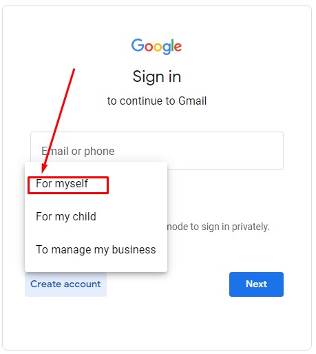 Select the purpose of creating the Gmail account