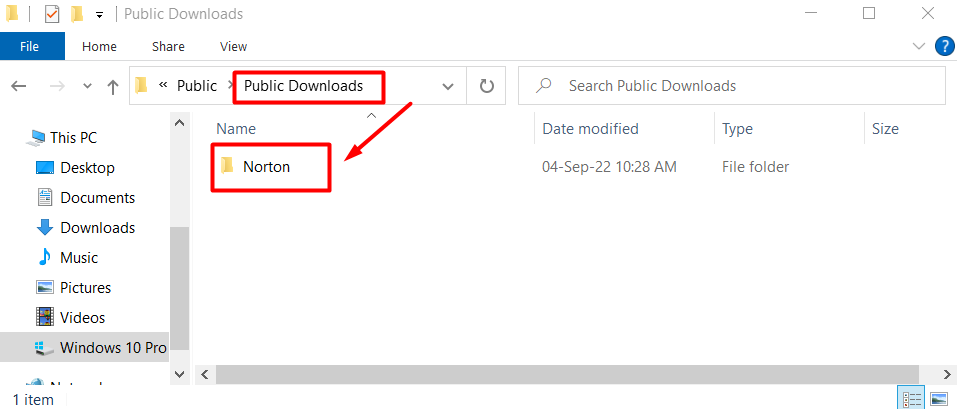 choose Public Downloads and find the Norton folder