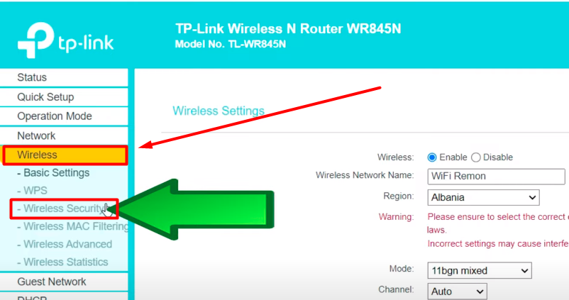 choose “Wireless Security” under the sub-menu of “Wireless.”
