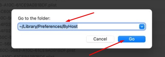 go to the “Go To Folder, and type “Library Preferences ByHost” in the address bar