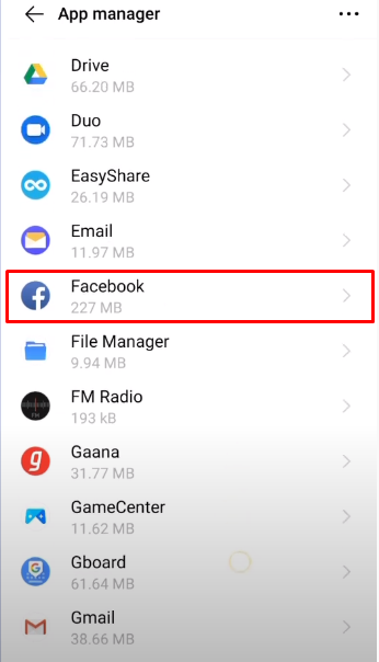 look for “Facebook” app from the app list and click on it