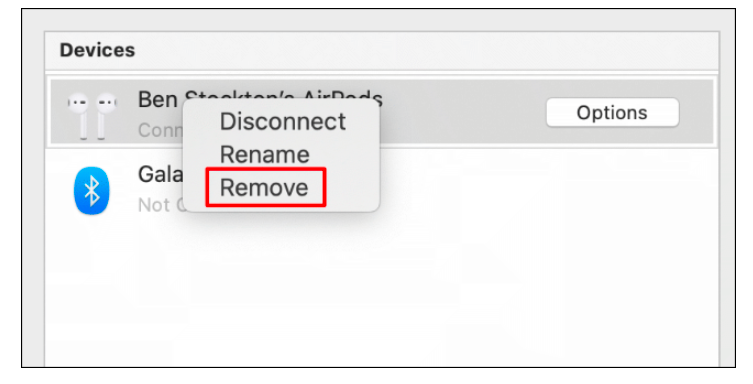 right-click your connected AirPods, and then press on the “Remove” option