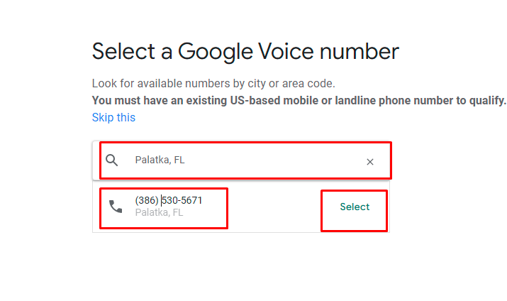 select google voice number