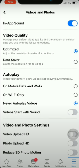 turn on the “In-App Sound” and then unselect the “Never Autoplay Videos