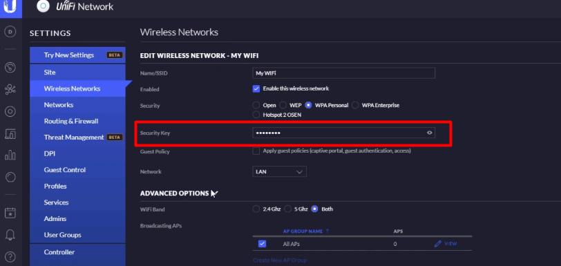 write new Unifi Wi-Fi password on the box beside the “Security Key” option